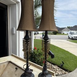 Set of 2 Vintage TALL BUFFET BROWN TONE BASE W/AMBER CRYSTAL DROPS W/FABRIC GOLD FABRIC SHADE 33”H