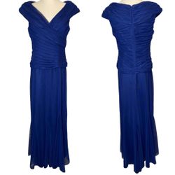Alex Evenings Blue Maxi Dress Cap Sleeve Mesh Overlay Long Gown, size 12