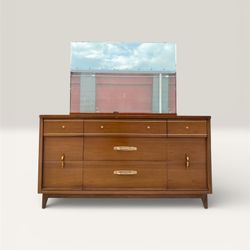 1950s’ Kroehler Mid-century Modern Dresser 9 drawers Dresser With Mirror 24K Gold Plated Pulls