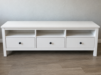 IKEA HEMNES TV unit in white stain, solid pine. Retails around $380 new. Measures 58x18.5x22.5