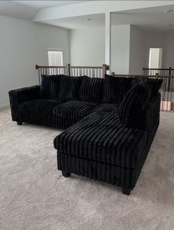 😍 Brand New Black Modern Cozy Corduroy L-Shape Sectional Sofa Couch w/ Reversible Chaise | Charging Ports & Cup Holders • PAY AFTER DELIVERY 🚚