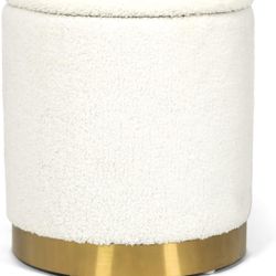 Brand New Adeco Round Storage Ottoman Stool – Upholstered Vanity Seat with Removable Lid, Gold Metal Base, White