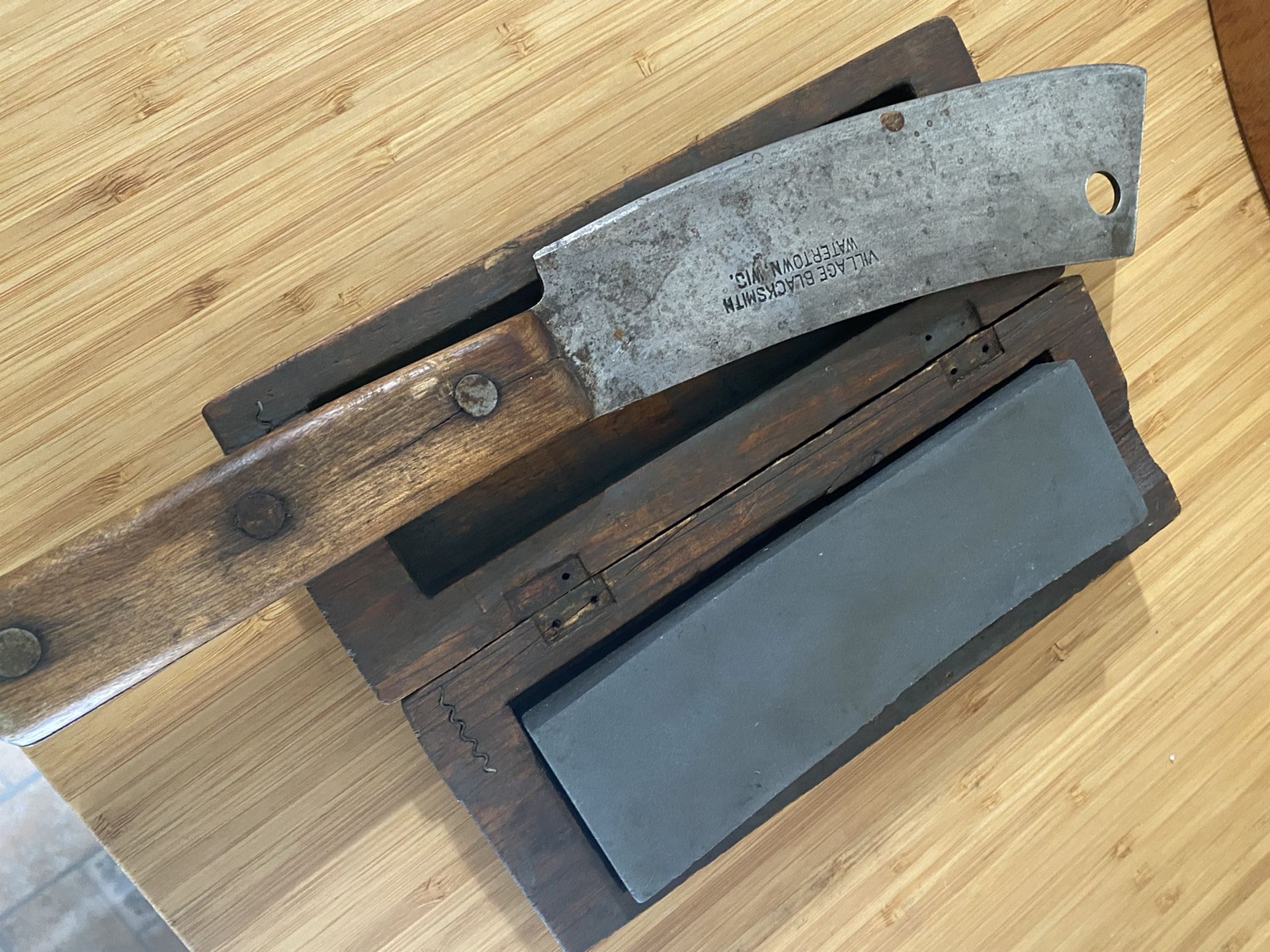 Vintage meat cleaver and knife sharpener. 125 for both