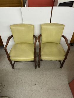 Vintage Lime Green Vinyl/Wood Arm Chair Pair