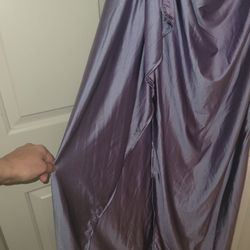 Large purple one-shoulder side slit ruched draped bodice satin evening formal gown prom