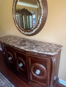 Elegant American Drew-Bob Mackie designed Credenza with marble top and matching mirror
