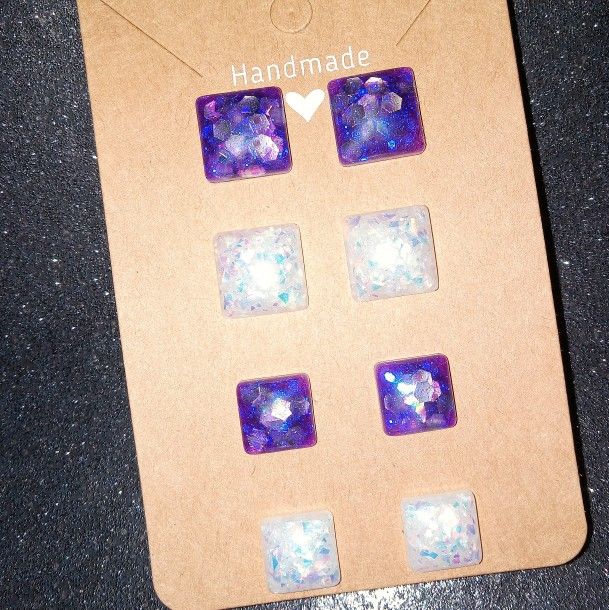 Faux iridescent white opal and purple silver glitter studs earrings set new handmade