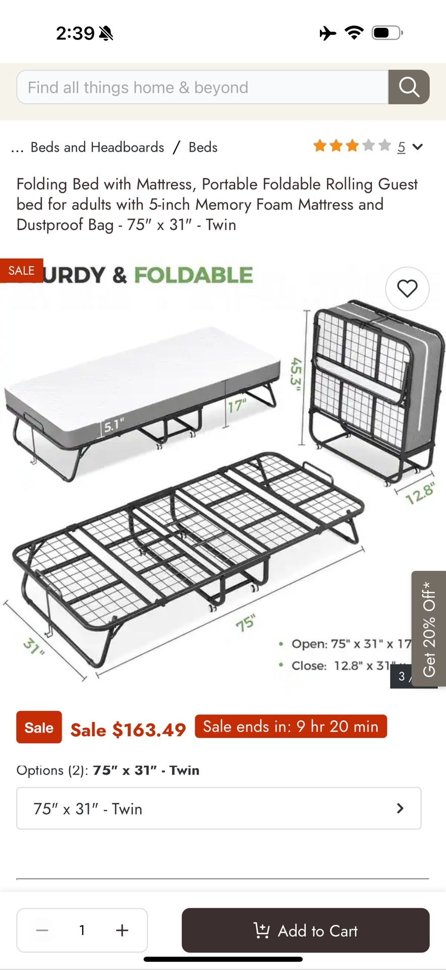 Portable Folding Bed with Twin Mattress