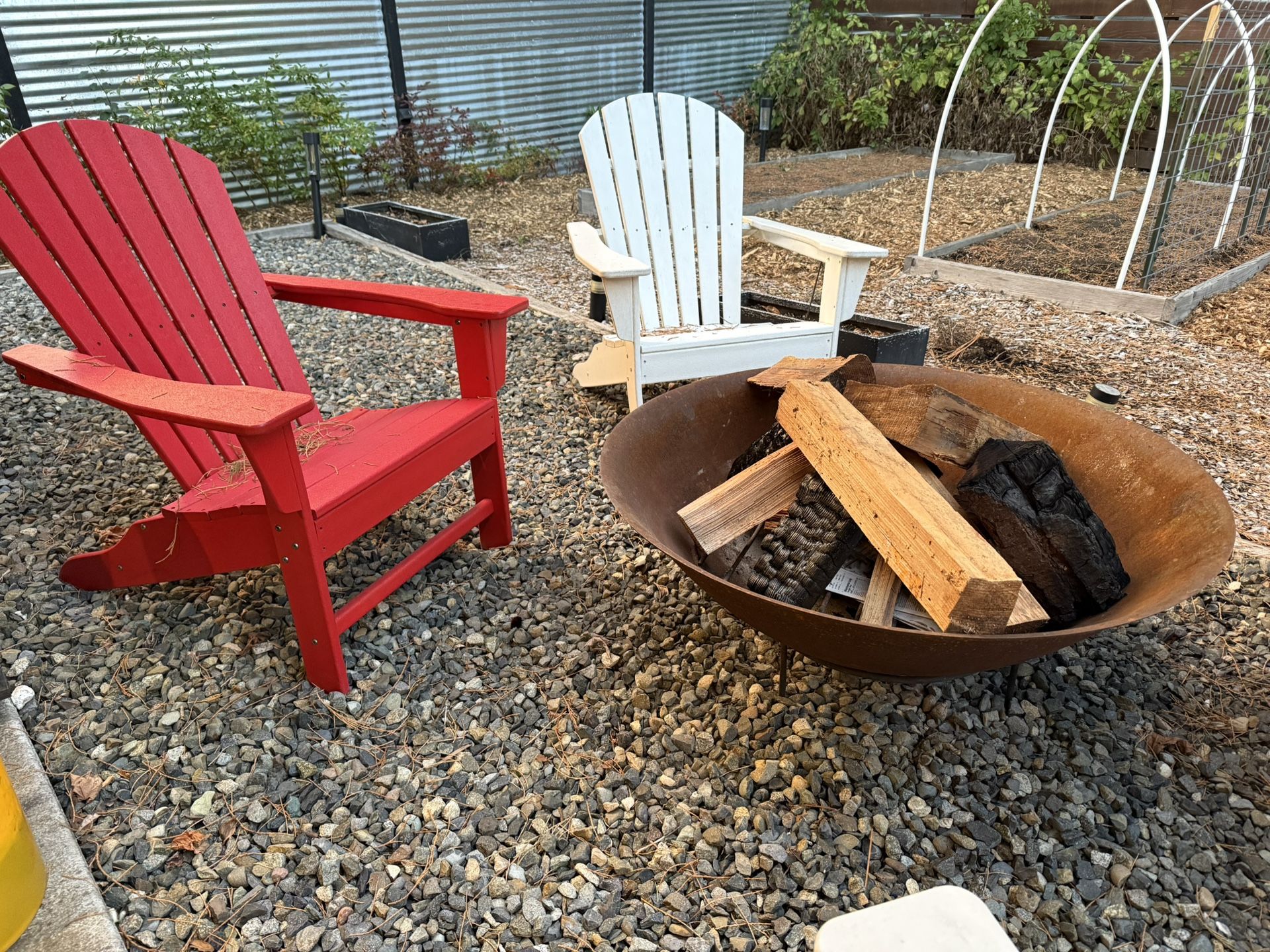 HUGE Corten Steel Fire Pit Bowl and 4 Polywood Adirondack Chairs