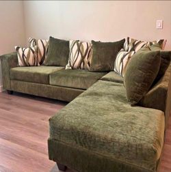 Green Velvet Sectional Sofa with Chaise