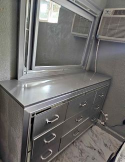 Silver Dresser, Mirror, and nightstands