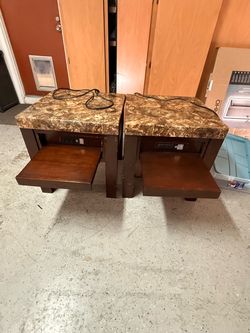 Pair of Faux Marble Top End Tables with Power Outlets