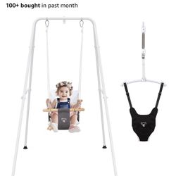 2 in 1 Baby Jumper with Toddler Swing, Baby Jumpers and Bouncers,Indoor Outdoor Toddler Swing Set, Cotton, White