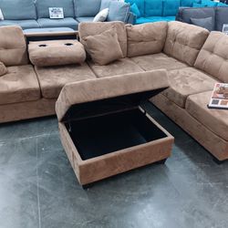3pcs Sectional Sofa w/Drop DownCupholder & Storage ottoman