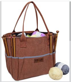 Crochet Bag, Corduroy Yarn Organizer Tote with Pockets | Portable Craft Storage for Crochet Accessories | Mother’s Day Gift for Women and Crochet Love