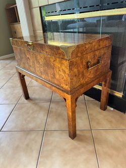 Vintage Burl Wood Campaign Trunk Table ,Storage Chest on Stand