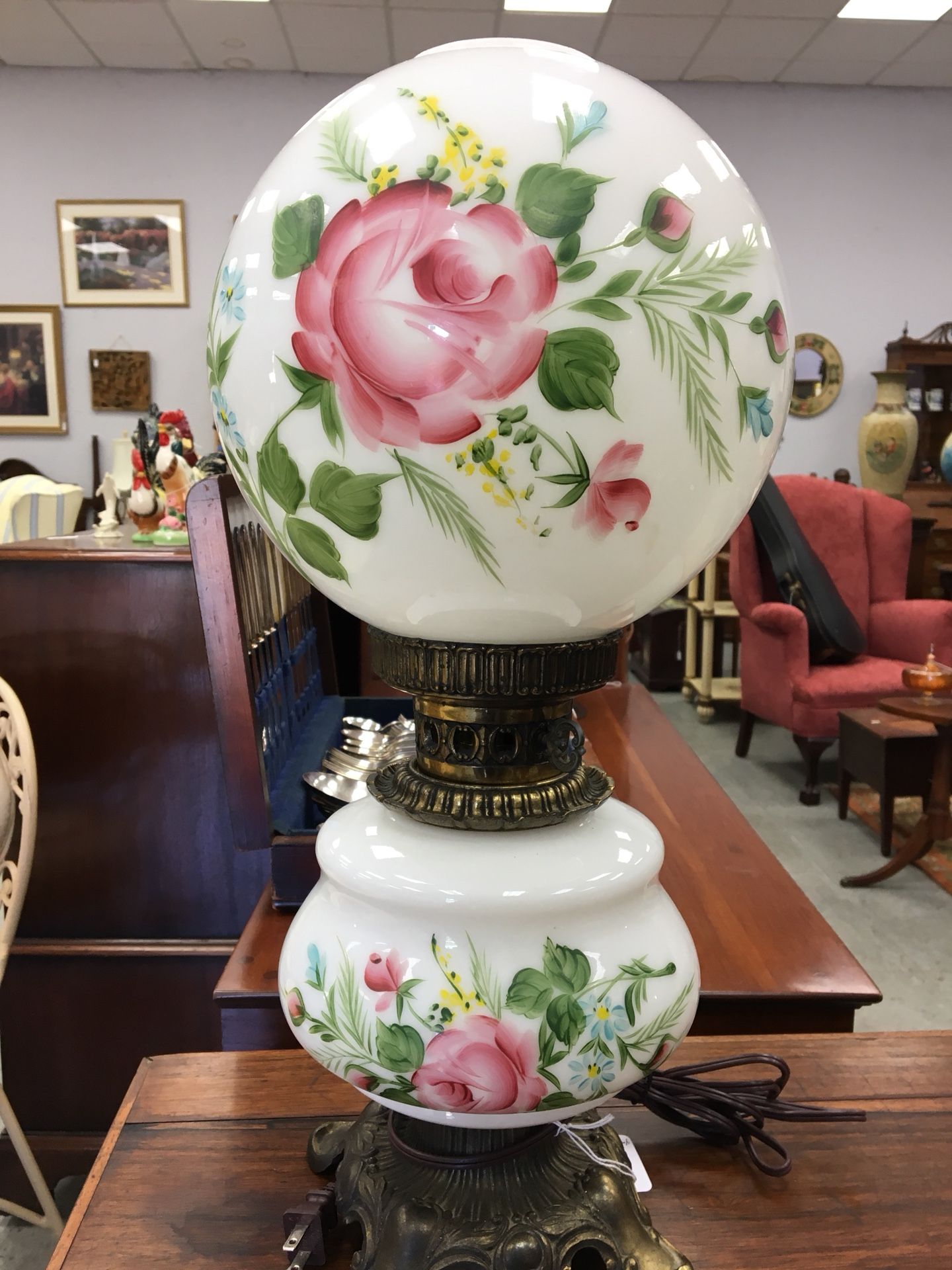 Antique lamp hand painted roses