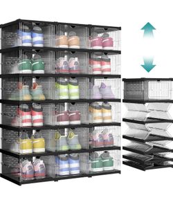 Foldable Shoe Boxes, 6-Tier for 18 Pack, Fit up to US size 13 Stackable Shoe Storage Organizer, 60s Assembly, Transparent and Ink Black, DENNYS Collec