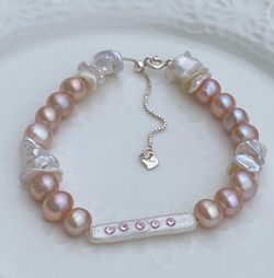 B49-Handmade Chopstick Pearl With Inlaid Pink Czs and keshi pearl S925 Bracelet