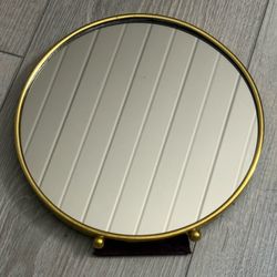 Vintage Scharling Silversmiths Round Gold Metal Tabletop Mirror