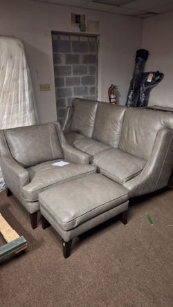 Gray Leather Loveseat, Chair, and Ottoman Set