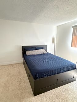IKEA BRIMNES Bed Frame w/ Storage + Mattress – Queen, Under 2 Years Old
