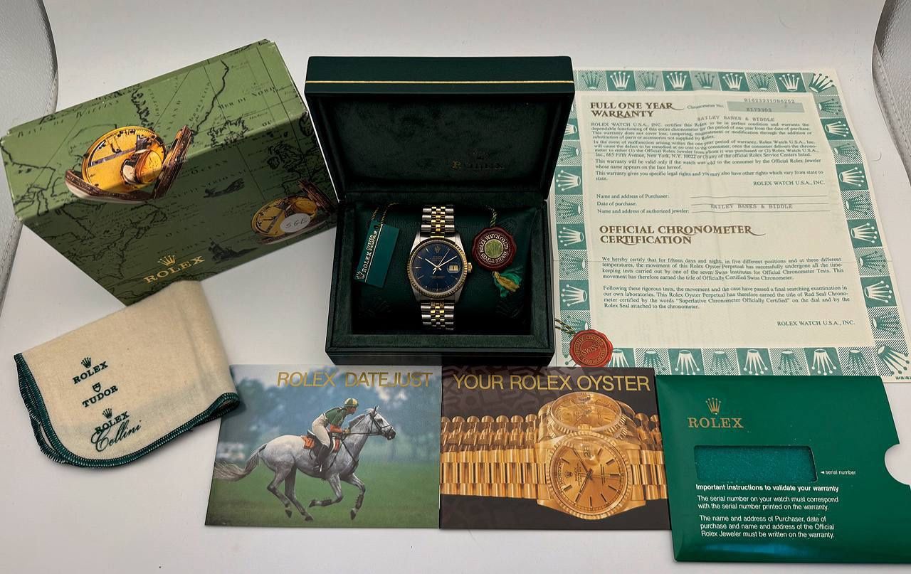 Rolex Datejust 36mm 18k yellow gold & stainless steel jubilee bracelet blue dial box papers 16233 Full Set