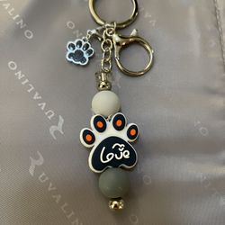 Paw Print Dog Keychain With Love Charm -gray And White