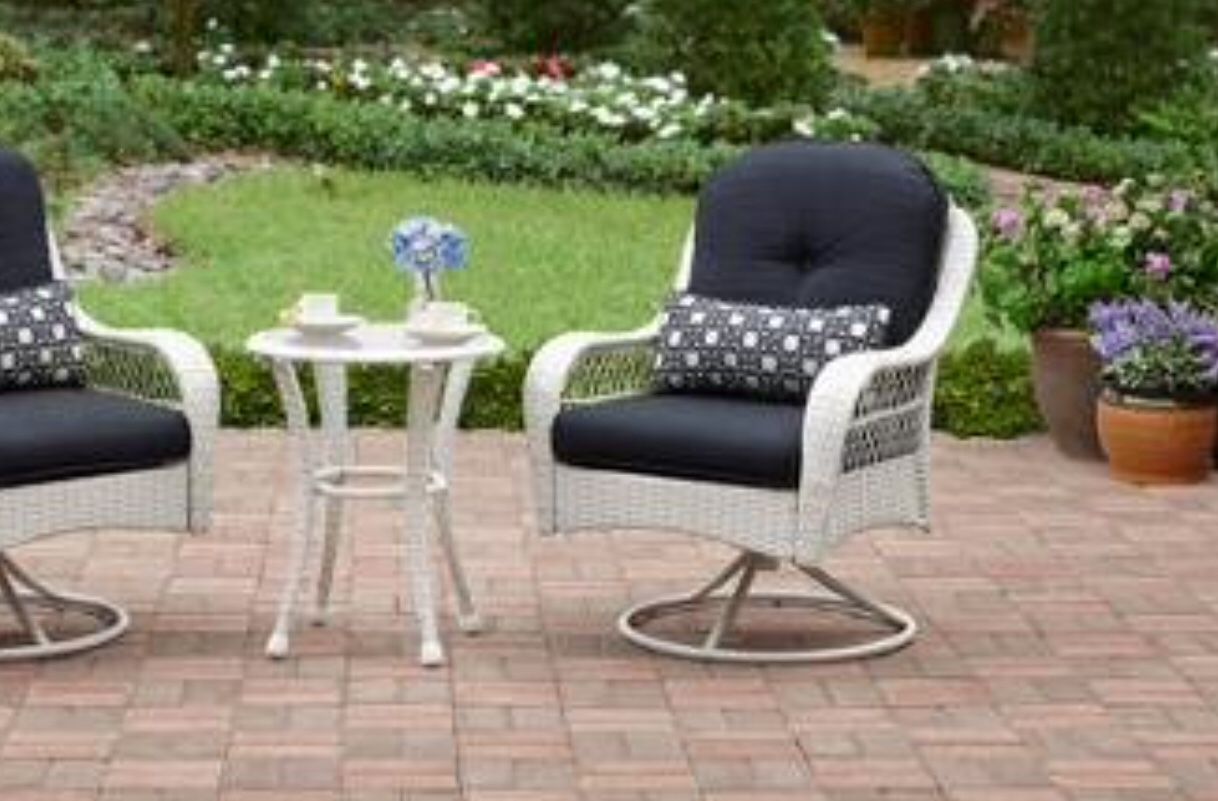New!! 3 pc swivel bistro patio set, outdoor conversation set, chat set, patio furniture , blue and white