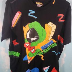 Looney Tunes Marvin the Martian Black T-Shirt Men Size Small Boxy Fit Retro 90’s