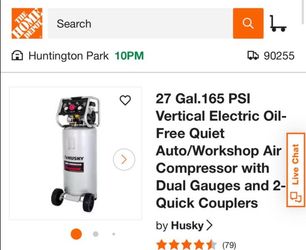 Husky 27 Gal.165 PSI Vertical Electric Oil-Free Quiet Auto/Workshop Air Compressor with Dual Gauges and 2-Quick Couplers like new