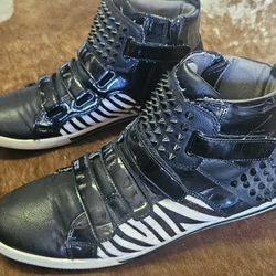 Mens Sz 13 Aldo black studded zebra stripe patent leather high-top sneakers.