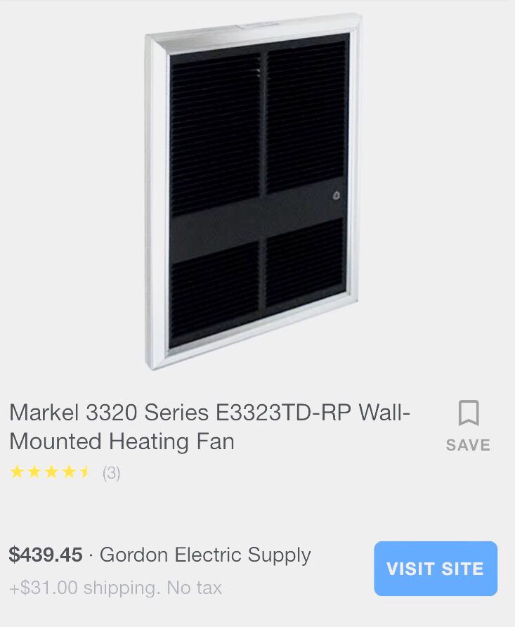 Markel 220v in-wall forced air heater