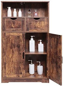 Iwell Large Storage Cabinet, Bathroom Cabinet with 2 Drawers & 2 Shelves,  Cupboard, Bathroom Floor Cabinet for Living Room, Bedroom, Office, Rustic