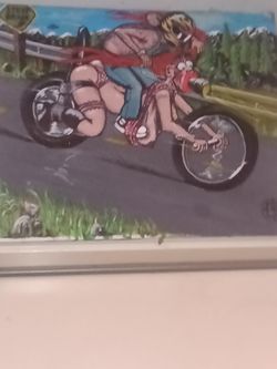 Painted  By  " ( Anonymous Artist ) "  On Framed Canvas Guy Take - N  - His Girl For A Ride -  On -  Motorcycle  "She Is The Bike"