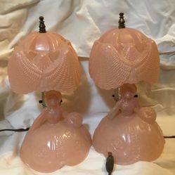 Vintage Pink Glass Maiden Boudoir Child’s Room Lamps Shell Shade Work Great