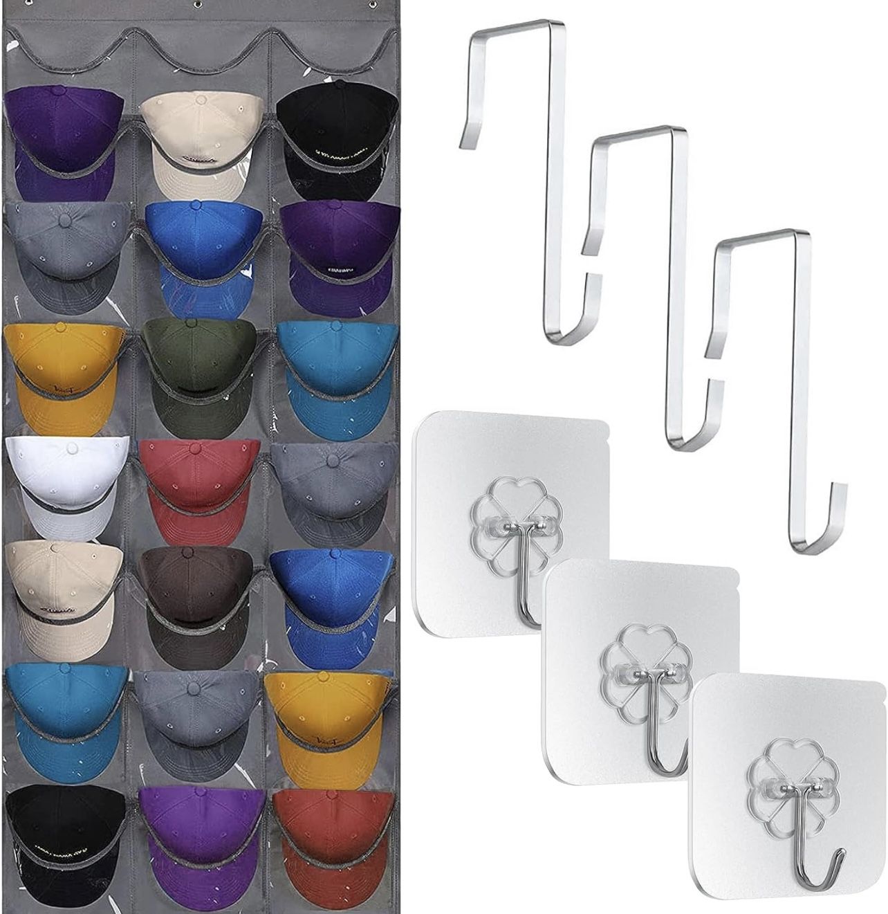 Hat Rack for Baseball Caps Hat Organizer with 24 Clear Deep Pockets, Hanging Hat Holder with 6 Hooks Over the Door Wall Multiple Cap Display Closet St