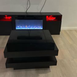 Digital Fire Place + Black Coffee Table