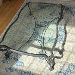 Large Vintage Wrought Iron Glass Coffee Table Scroll Base 60x42x20 Baroque