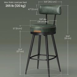VASAGLE 25.6" Bar Stools Swivel Counter Height w/ Back Mid-Century Modern Set of 2 - Green