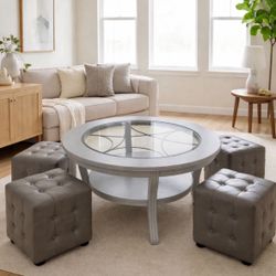 Stylish Glass-Top Coffee Table with 4 Ottomans