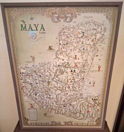 Huge Vintage Framed "Maya Land" Pictorial Map Art (38x29) – Mid Century Decor