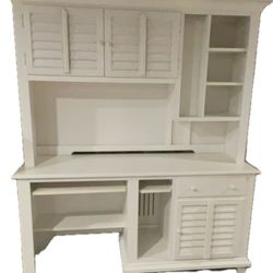 Horchow White Wooden Desk and Hutch