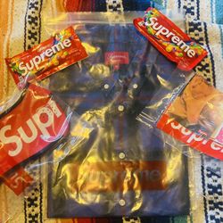 SUPREME NY Lot Of 7 BLUE Spray TARTAN BUTTON UP SZ MED, 2 Skittles, Facemask & 3 Stickers