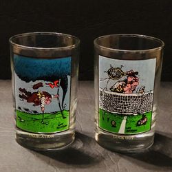 2 Arby's Gary Patterson Glasses Cups Tennis Golf 1982 Sports Funny Advertise Vtg