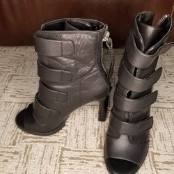 DKNY Blake Strappy Leather Peep Toe Stiletto Booties