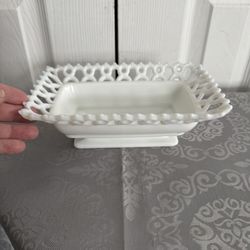 West Moreland, Milk Glass, LACE Pedestal Dish, Vintage
