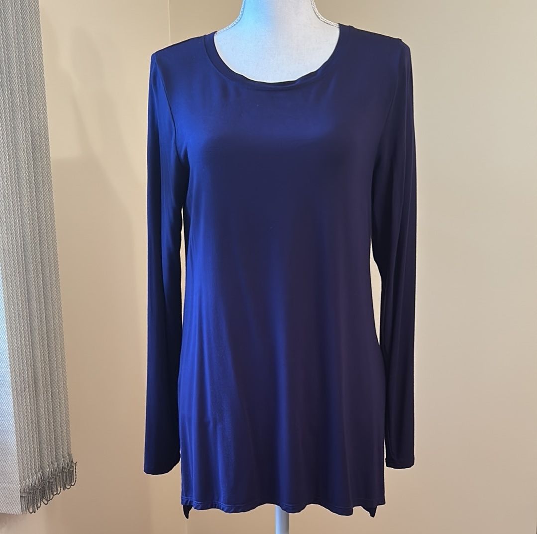 Cable & Gauge Tunic Top w/Side Slits; Round Neck; Navy, Size L