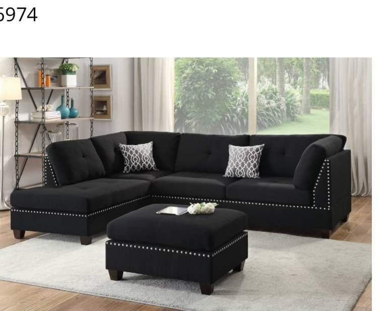 3pc Reversible Sectional Sofa Set W/ Ottoman-Blue Grey