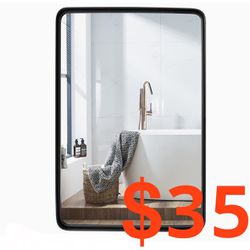 22”x30” Deep-set Matte Black Mirror Rounded Rectangle Brushed Aluminum Metal Frame Tempered HD Glass Bathroom Vanity Hangs Vertically or Horizontally